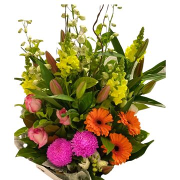 Jemma's Pick florist's choice bouquet with orange gerberas, pink roses, pink chrysanthemums and yellow snapdragons